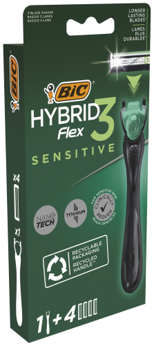 BIC Sisteminis skustuvas ir keičiamos galvutės HYBRID 3 FLEX SENSITIVE (1+4 vnt.)